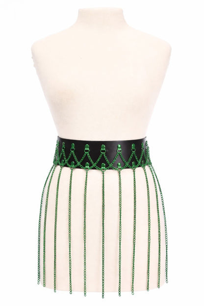 Black Faux Leather & Green Metallic Chain Fringe Skirt - Daisy Corsets