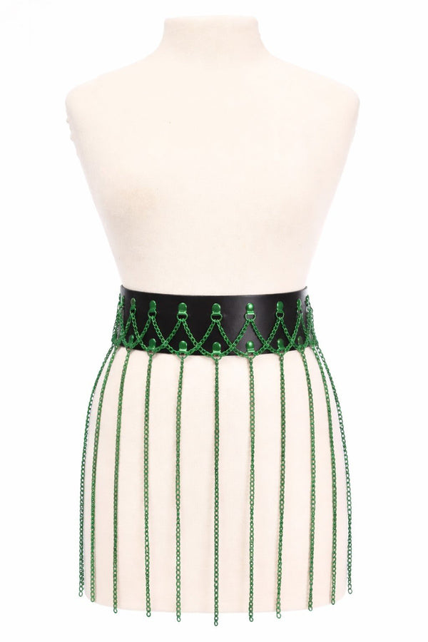 Daisy Corsets Black Faux Leather & Green Metallic Chain Fringe Skirt