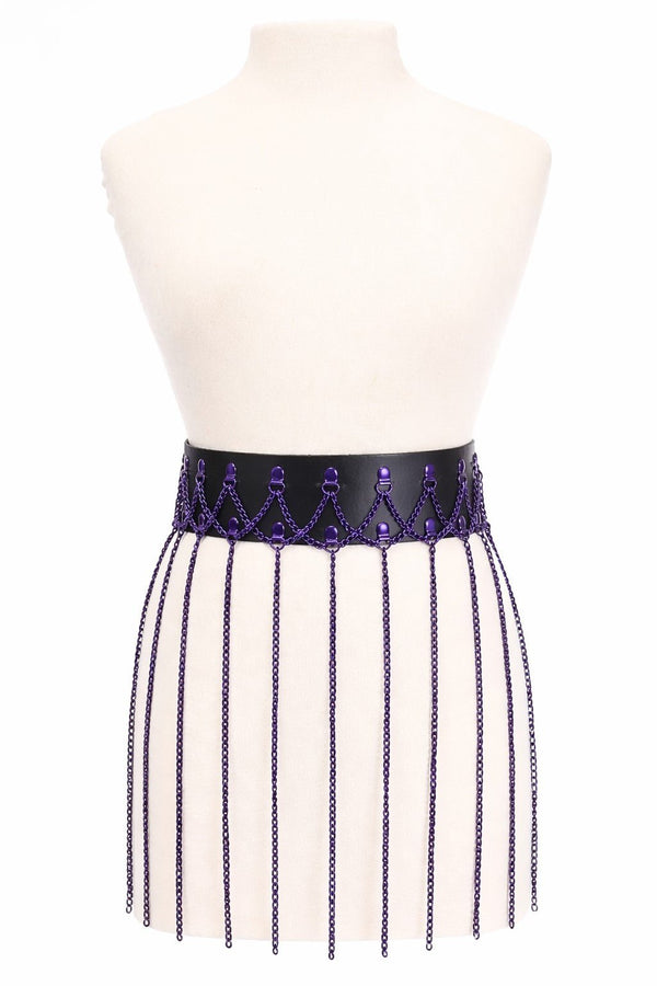 Daisy Corsets Black Faux Leather & Purple Metallic Chain Fringe Skirt