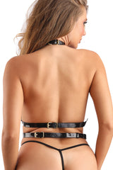 Fantasy Black Glossy Vegan Leather Harness Top Champagne Gold Metal-Rebel Romance