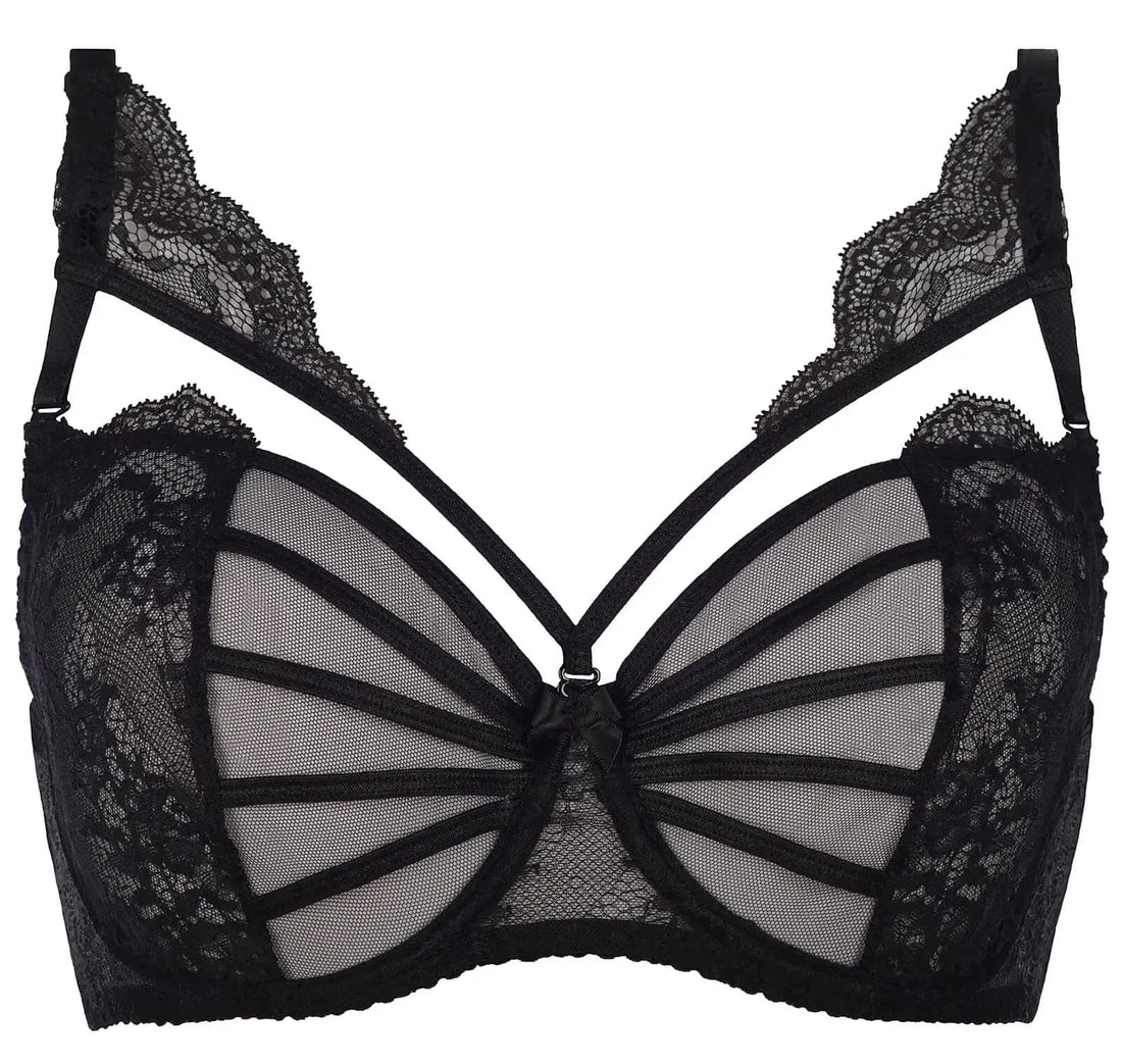 Black Hibiscus unlined sheer mesh bra with delicate lace, transparent tulle, and ornamental neckline details.