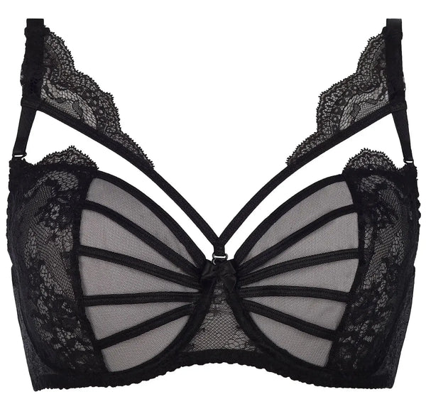 Black Hibiscus unlined sheer mesh bra with delicate lace, transparent tulle, and ornamental neckline details.