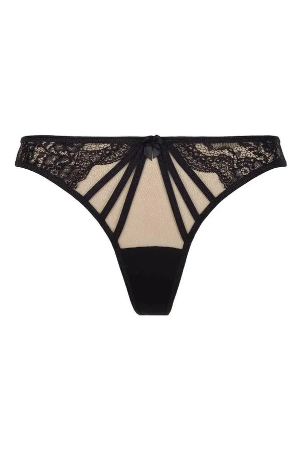 Axami Black Orchid sheer mesh thong with elegant black lace, sheer tulle, and delicate straps.