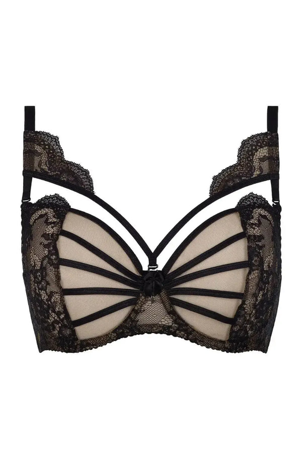 Black Orchid unlined sheer mesh balconette bra with black lace, transparent tulle, and ornamental details.