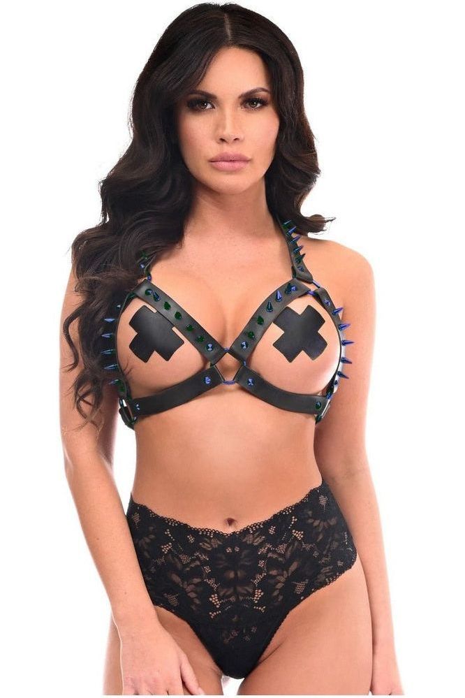 Black Vegan Leather & Blue Metallic Spikes Body Harness - Daisy Corsets
