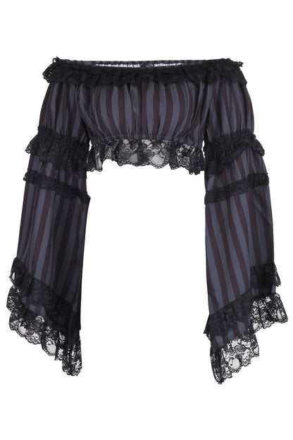 Black/Grey Striped Smocked Flare Sleeve Peasant Top - Daisy Corsets