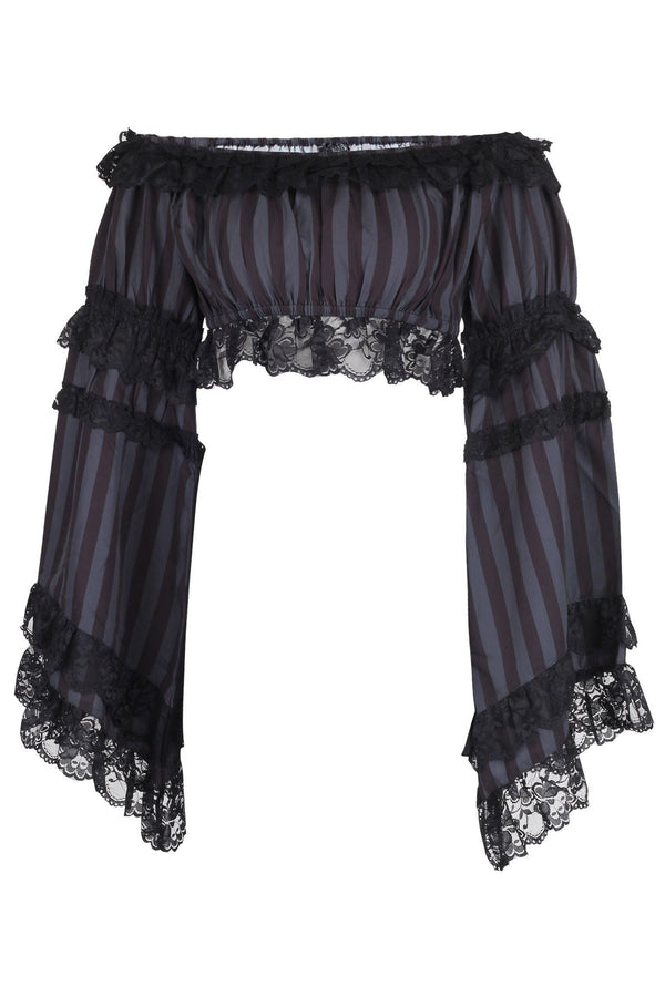 Daisy Corsets Black/Grey Striped Smocked Flare Sleeve Peasant Top