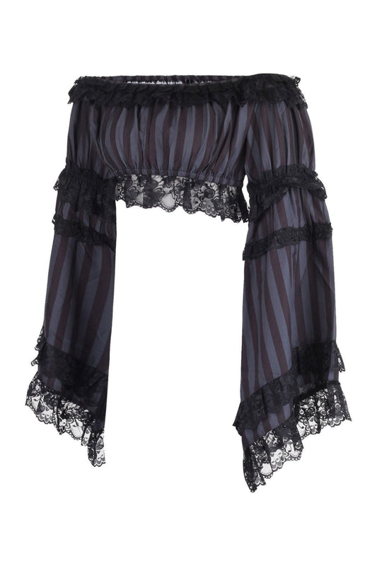 Black/Grey Striped Smocked Flare Sleeve Peasant Top - Daisy Corsets