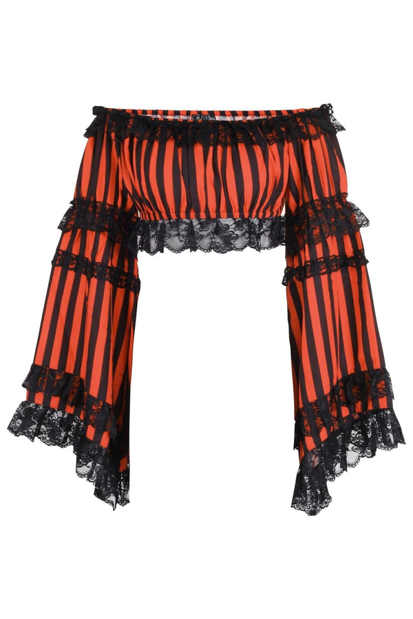 Daisy Corsets Black/Orange Striped Smocked Flare Sleeve Peasant Top