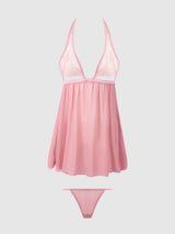 Blair Lace & Mesh Open Cup Babydoll & G-String Set Rose Pink