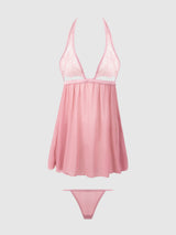 House of Desire Queen Blair Lace & Mesh Open Cup Babydoll & G-String Set Rose Pink
