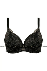 Sensual Blair push-up bra in black floral lace with elegant gold thread and padded cups.