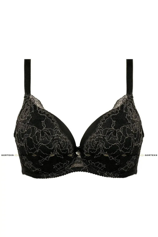 Sensual Blair push-up bra in black floral lace with elegant gold thread and padded cups.