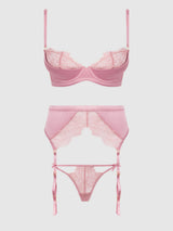Blair Satin & Lace Bra, Garter & G-String Set Rose Pink