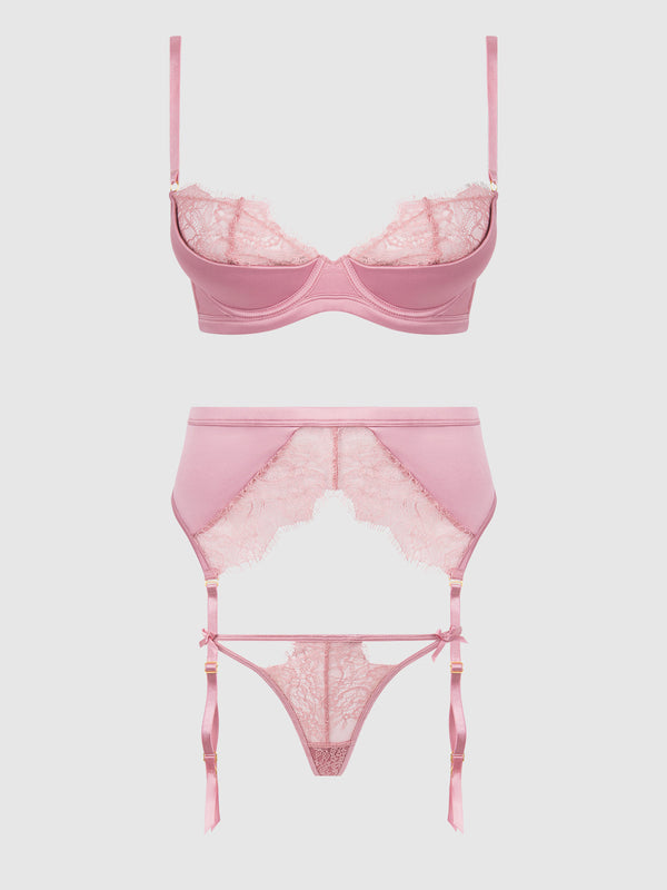 House of Desire Blair Satin & Lace Bra, Garter & G-String Set Rose Pink