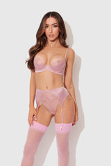 Blair Satin & Lace Bra, Garter & G-String Set Rose Pink