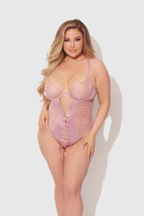 House of Desire Queen Blair Satin & Lace Corseted Underwire Teddy Rose Pink