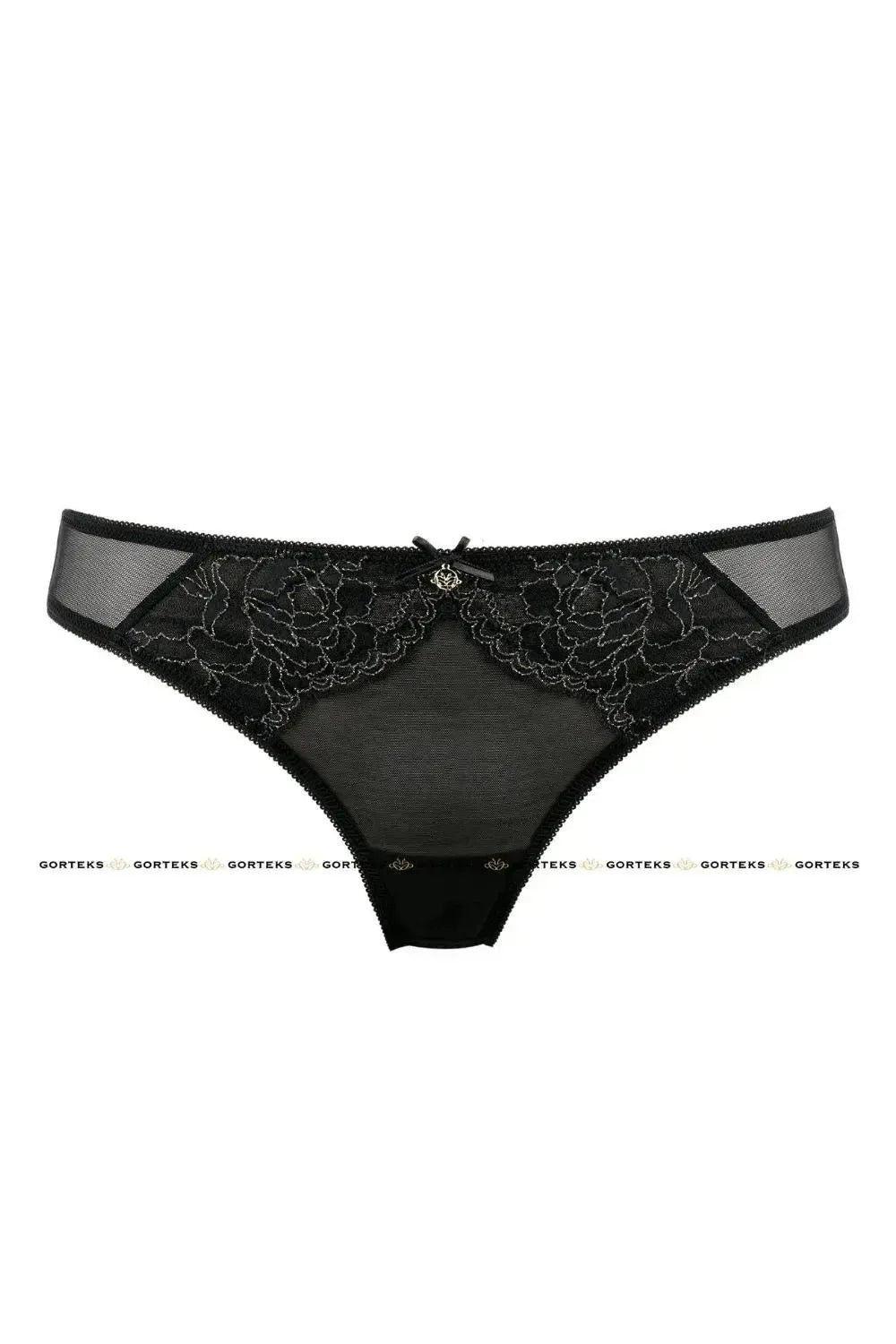 Sensual Blair Thong in black floral lace with gold thread, sheer mesh, and a delicate bow.