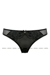 Sensual Blair Thong in black floral lace with gold thread, sheer mesh, and a delicate bow.