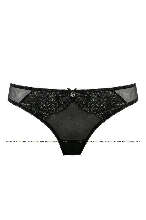 Sensual Blair Thong in black floral lace with gold thread, sheer mesh, and a delicate bow.