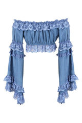Daisy Corsets Blue Denim Smocked Flare Sleeve Peasant Top