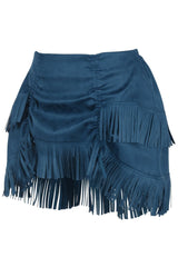 Daisy Corsets Blue Suede Ruched Bustle Skirt w/Fringe