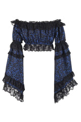 Daisy Corsets Blue/Black Brocade Smocked Flare Sleeve Peasant Top