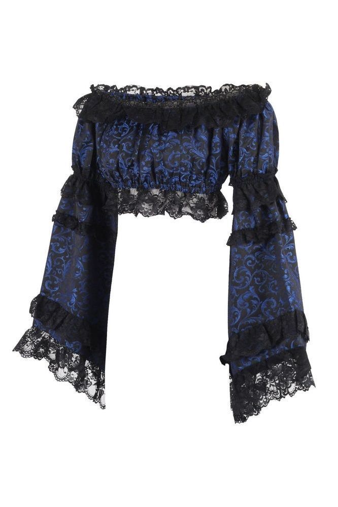 Blue/Black Brocade Smocked Flare Sleeve Peasant Top - Daisy Corsets