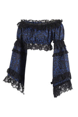 Daisy Corsets Blue/Black Brocade Smocked Flare Sleeve Peasant Top