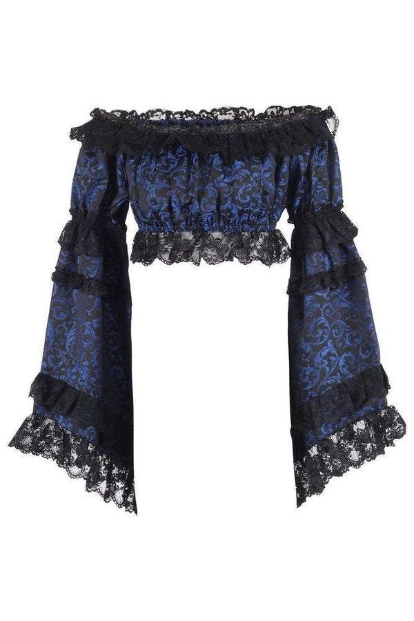 Daisy Corsets Blue/Black Brocade Smocked Flare Sleeve Peasant Top