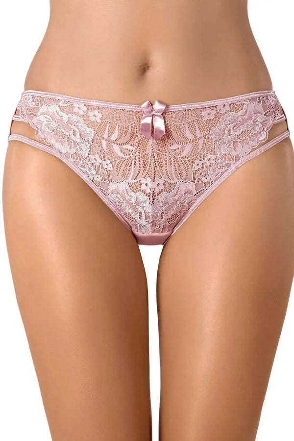 Blush Rose lace bikini briefs with delicate floral lace, feminine bow, and flattering cut.