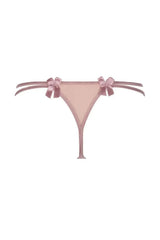 Delicate pink Axami Blush Rose lace thong with subtle bows, perfect for everyday elegance.