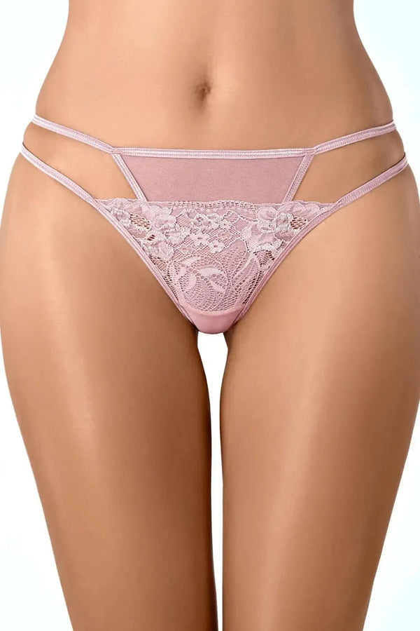 Delicate pink Axami Blush Rose lace thong with sheer, subtle floral lace and elegant hip-highlighting straps.