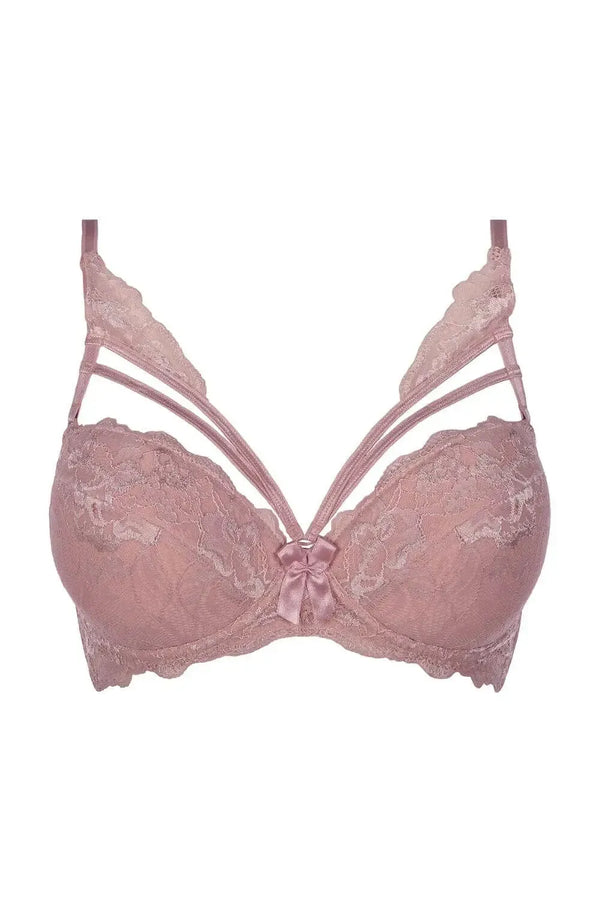 Axami Blush Rose push-up bra with delicate blush pink lace, unique stripes, and a sensual design.