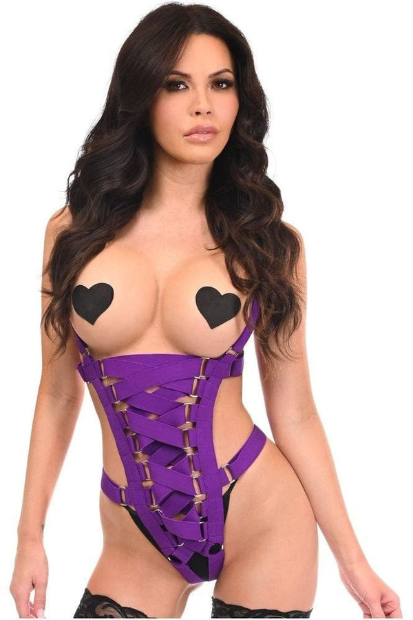 Daisy Corsets Purple Stretchy Body Harness Bodysuit with Silver Hardware