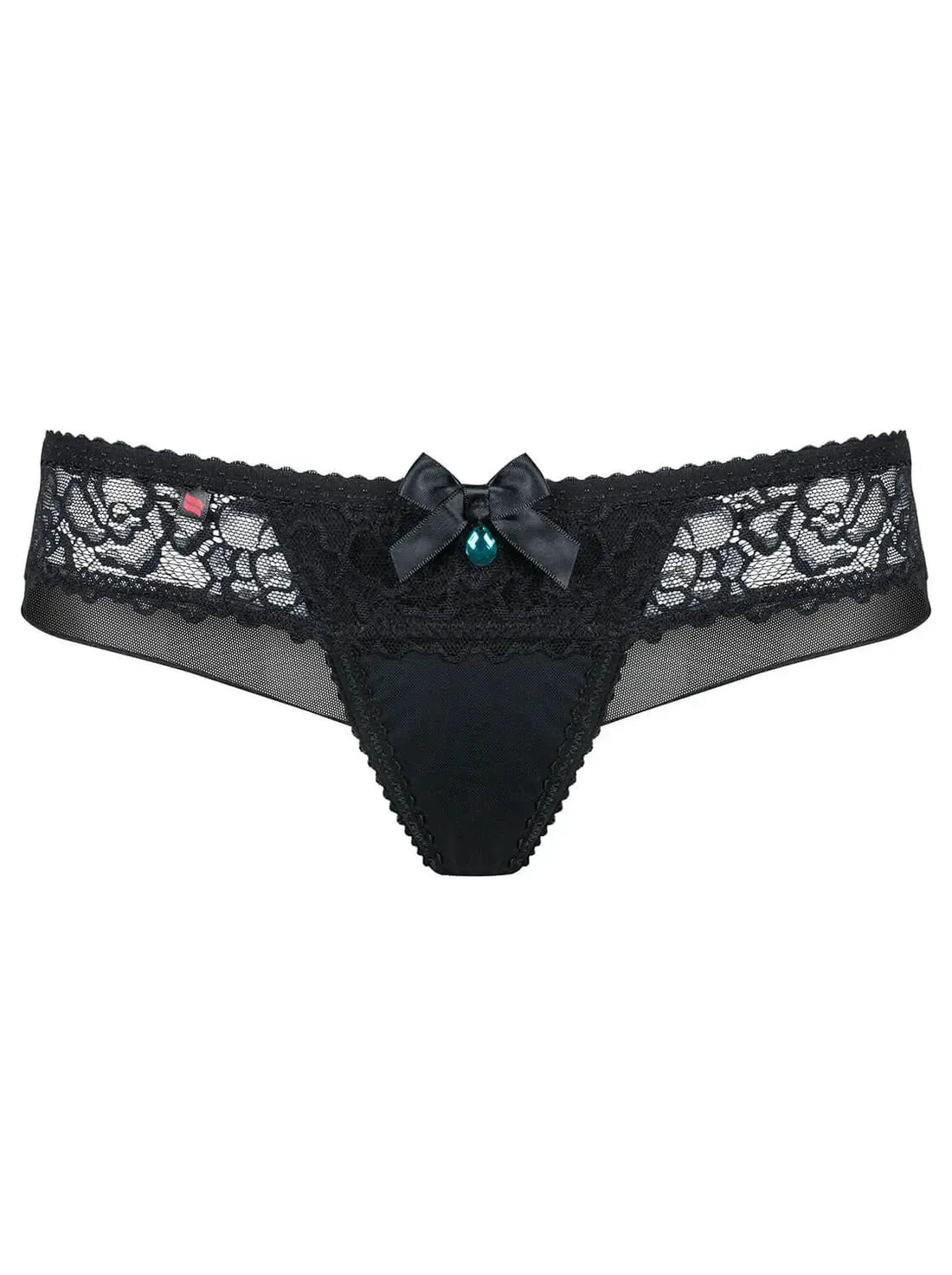 Sexy black Brazilian panty with floral lace, delicate mesh, satin bow, and turquoise adornment.
