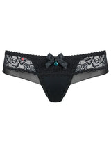 Sexy black Brazilian panty with floral lace, delicate mesh, satin bow, and turquoise adornment.