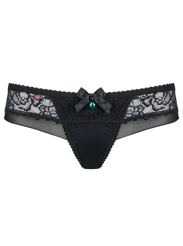 Sexy black Brazilian panty with floral lace, delicate mesh, satin bow, and turquoise adornment.