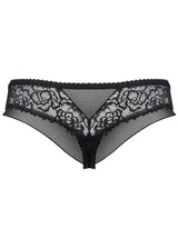 Sexy black Brazilian panty with floral lace, delicate mesh, and a tempting design.