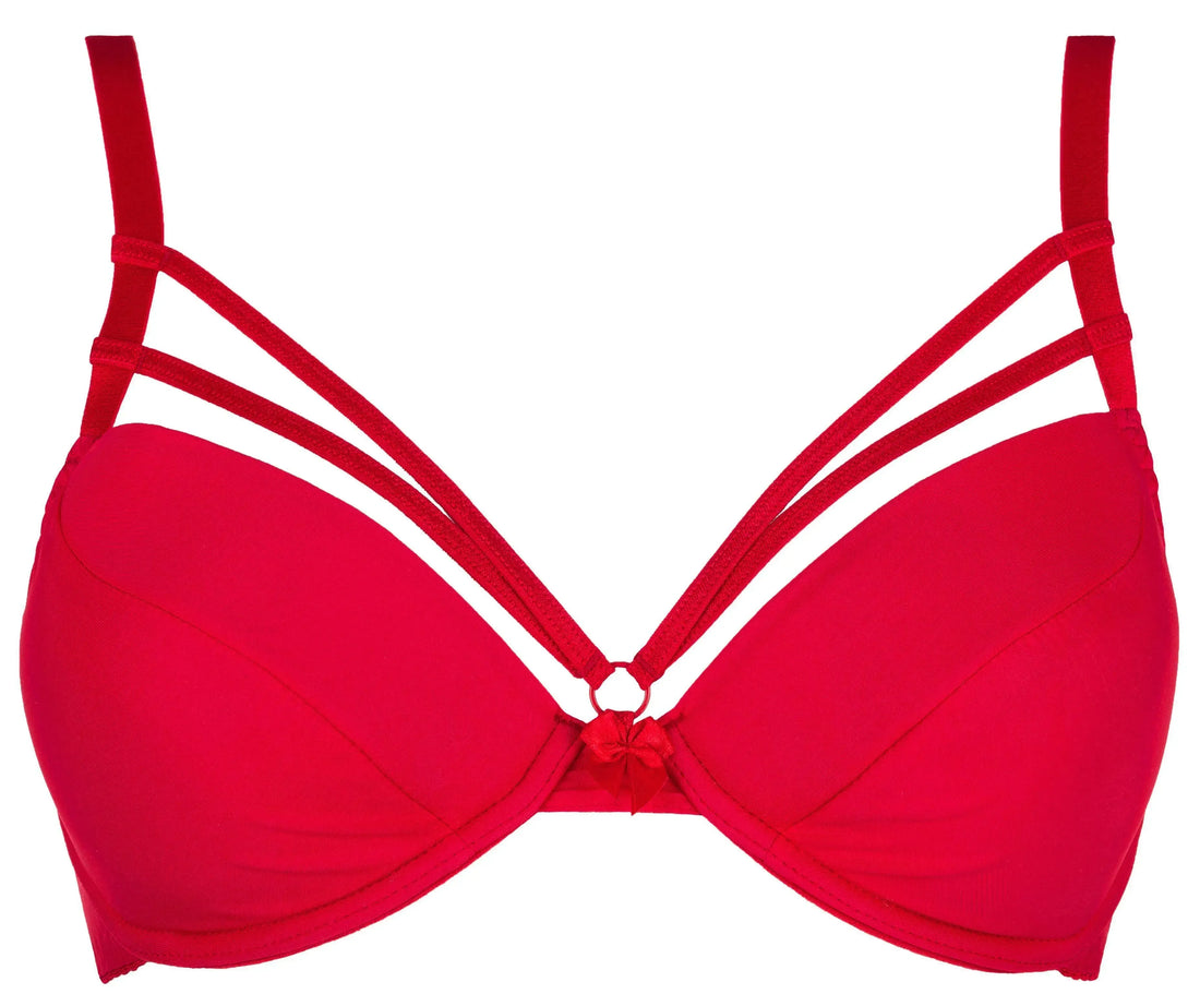 Passionate red Breva push-up bra with strappy cups, underwire, and captivating neckline decoration.