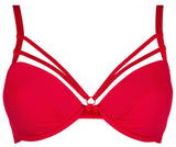 Passionate red Breva push-up bra with strappy cups, underwire, and captivating neckline decoration.
