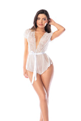 Mapale Ethereal Waves Sheer Lace Plunge Romper Bodysuit