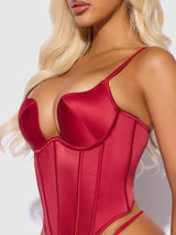 Brigeta Fitted Deep Plunge Push Up Bustier Set Crimson Red
