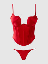 Brigeta Fitted Deep Plunge Push Up Bustier Set Crimson Red