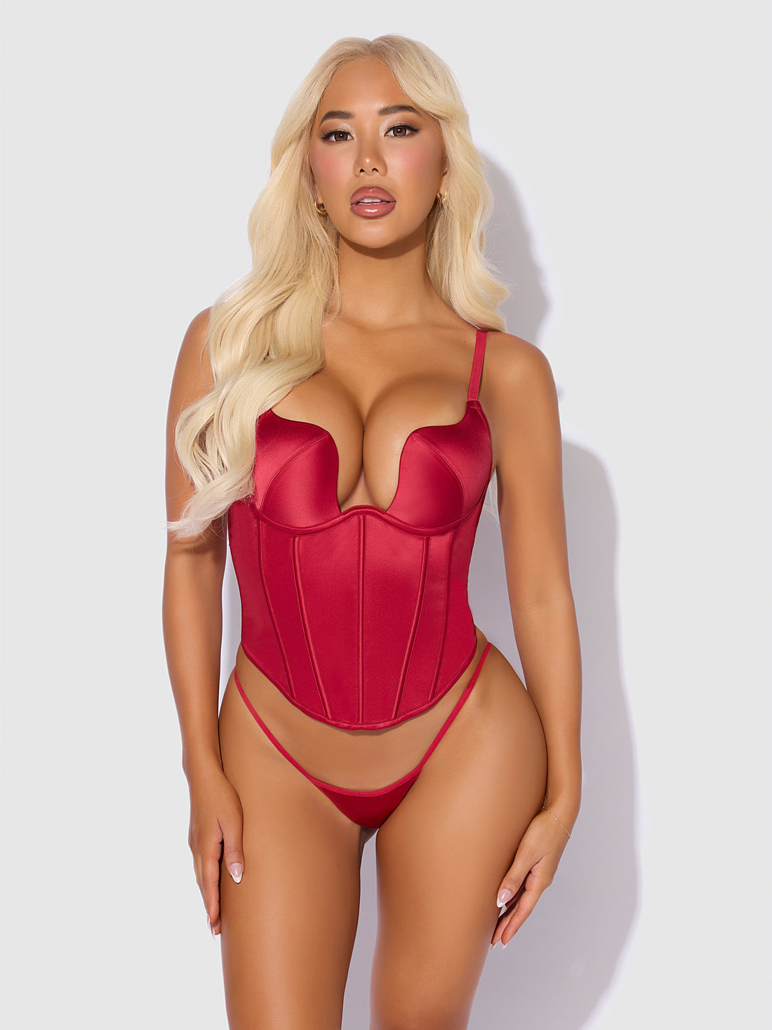 House of Desire Brigeta Fitted Deep Plunge Push Up Bustier Set Crimson Red