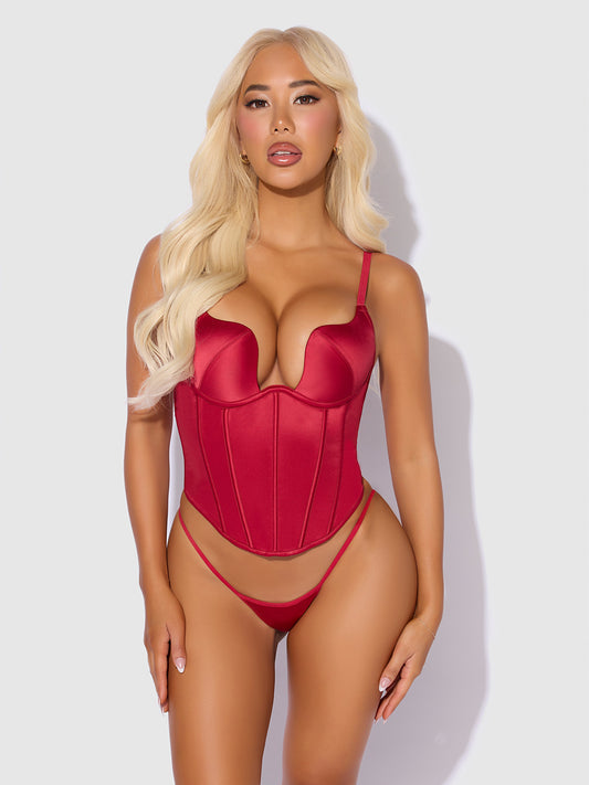 House of Desire Brigeta Fitted Deep Plunge Push Up Bustier Set Crimson Red