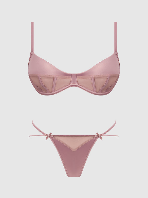 House of Desire Brigeta Satin & Mesh Corseted Bra & Open Back Hipster Set
