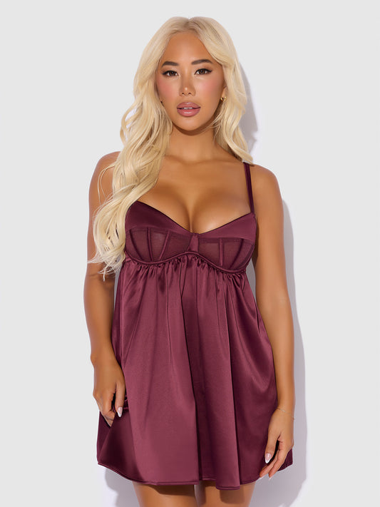 House of Desire Brigeta Satin & Mesh Corsetted Babydoll Set