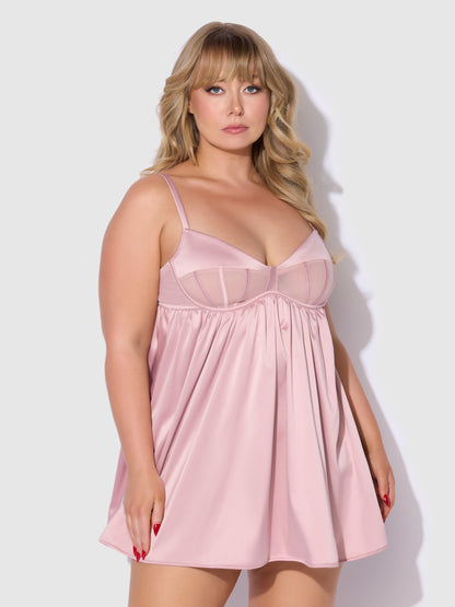 House of Desire Brigeta Satin & Mesh Corsetted Babydoll Set Mauve
