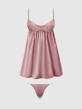 House of Desire Brigeta Satin & Mesh Corsetted Babydoll Set Mauve